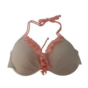 Victoria’s Secret Women's Halter Bikini Top Ruffle Detail White & Pink Size 34C